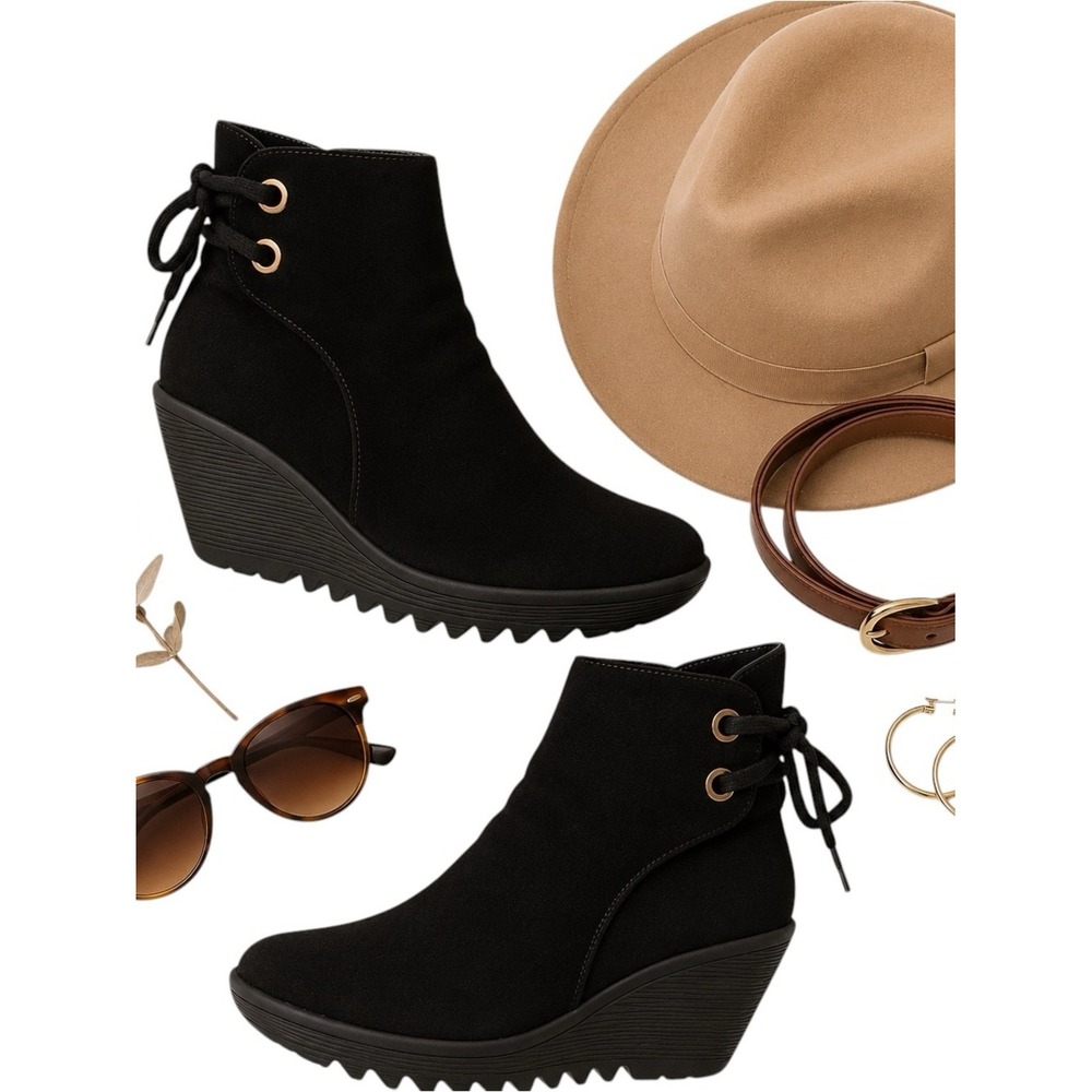 Fly London Yama Black Suede Wedge Boots Womens EU40 US9 Boho Goth Style in EUC